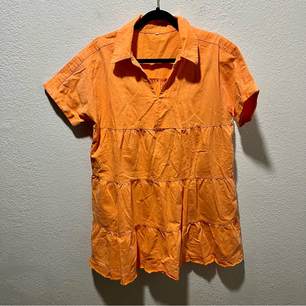 Orange Short Sleeve Tiered Pocket Dress